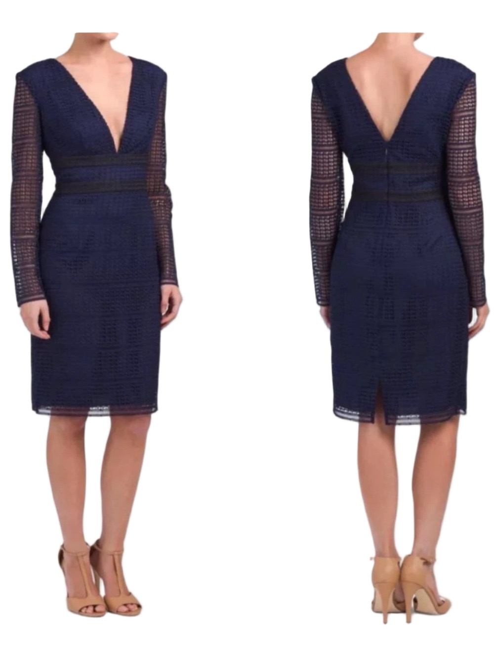 🎮DIANE VON FURSTENBERG  Navy /Black Lace V-Neck Sheath Dress size 4 GUC